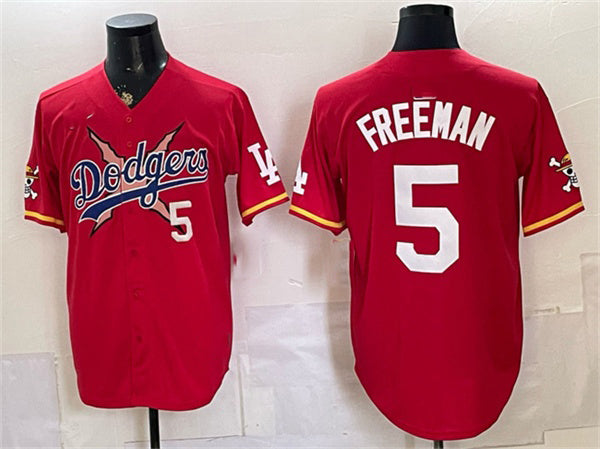 Los Angeles Dodgers x One Piece #5 Freddie Freeman Red JEROMEN Vapor Premier Limited Stitched Jersey