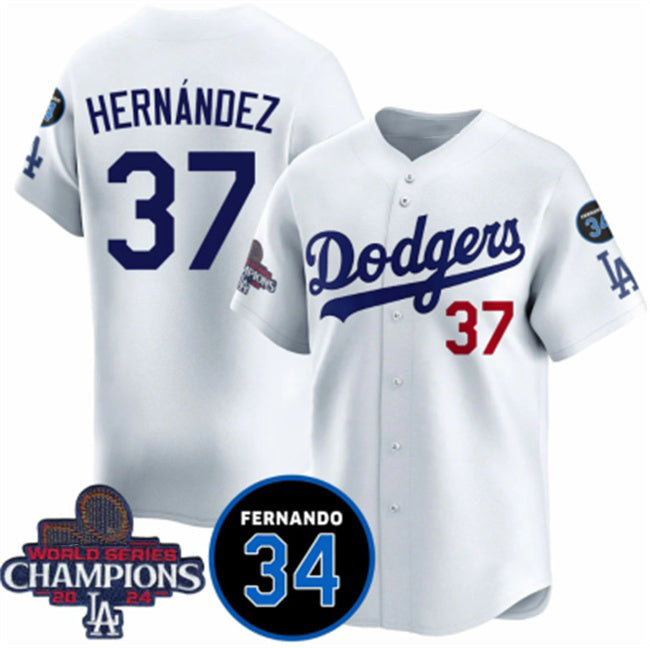 Los Angeles Dodgers #37 Teoscar Hernandez White JEROMEN 2024 World Series Champions With Fernando Memorial Patch Vapor Premier Home Limited Stitched Jersey