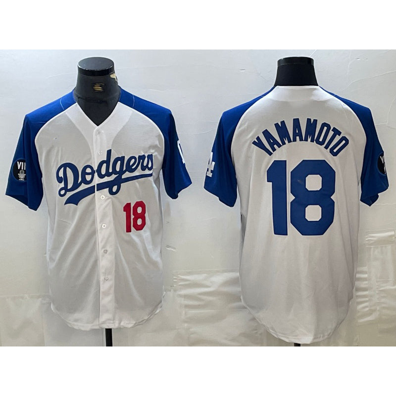 Los Angeles Dodgers #18 Yoshinobu Yamamoto Number White Blue JEROMEN Fashion Stitched Cool Base Limited Jersey
