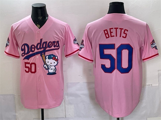 Los Angeles Dodgers #50 Mookie Betts Pink JEROMEN Hello Kitty Night 2025 World Series Champions Patch Stitched Jersey