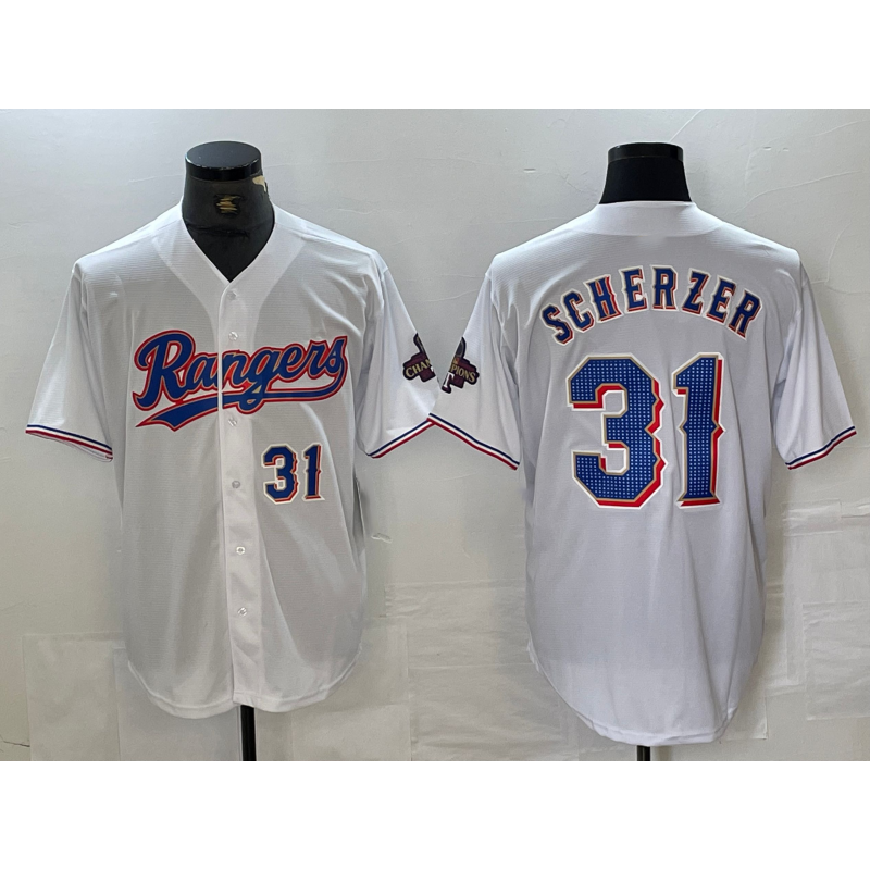 Texas Rangers #31 Max Scherzer Number White JEROMEN 2023 World Series Champions Cool Base Jerseys
