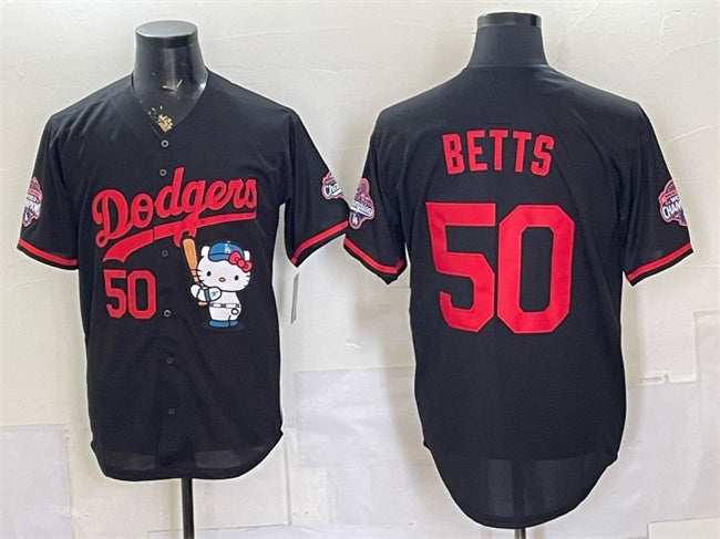 Los Angeles Dodgers #50 Mookie Betts Black JEROMEN Hello Kitty Night 2025 World Series Champions Patch Stitched Jersey