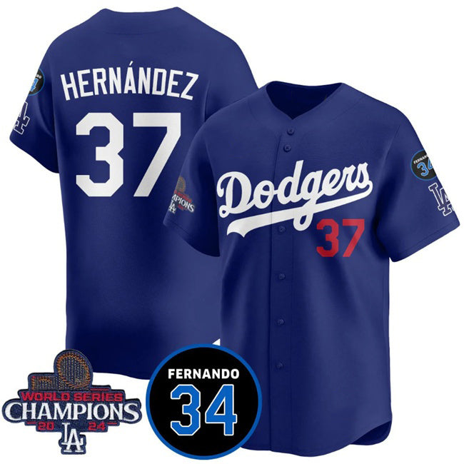 Los Angeles Dodgers #37 Teoscar Hernandez Royal JEROMEN 2024 World Series Champions With Fernando Memorial Patch Vapor Premier Limited Stitched Jersey