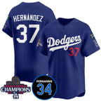 Los Angeles Dodgers #37 Teoscar Hernandez Royal JEROMEN 2024 World Series Champions With Fernando Memorial Patch Vapor Premier Limited Stitched Jersey