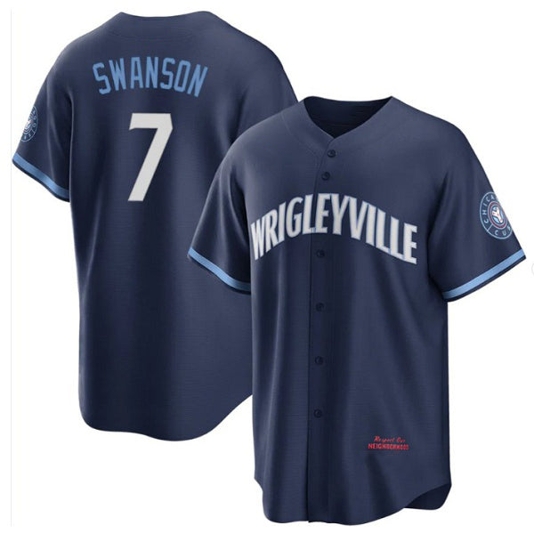 Chicago Cubs #7 Dansby Swanson Navy JEROMEN City Connect Cool Base Stitched Jersey