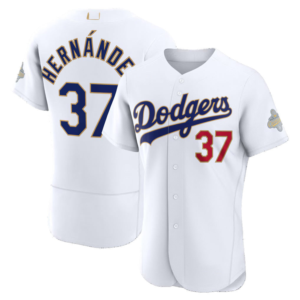 Los Angeles Dodgers #37 Teoscar Hern¨¢ndez White JEROMEN 2026 Gold Collection Authentic Jersey
