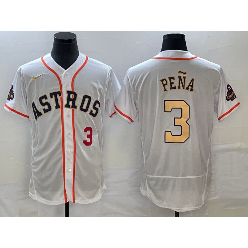 Houston Astros #3 Jeremy Pena Number 2023 White Gold JEROMEN World Serise Champions Patch Flex Base Stitched Jersey