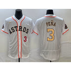 Houston Astros #3 Jeremy Pena Number 2023 White Gold JEROMEN World Serise Champions Patch Flex Base Stitched Jersey