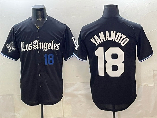 Los Angeles Dodgers #18 Yoshinobu Yamamoto Black JEROMEN 2025 World Series Champions Patch 'Gothic Edition' Vapor Premier Limited Stitched Jersey