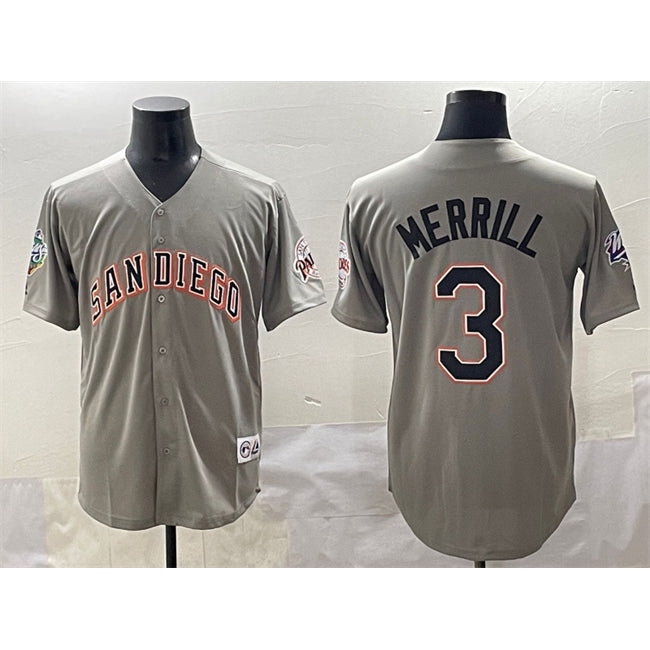 San Diego Padres #3 Jackson Merrill Gray JEROMEN Fashion Throwback With Patch Cool Base Stitched Jersey