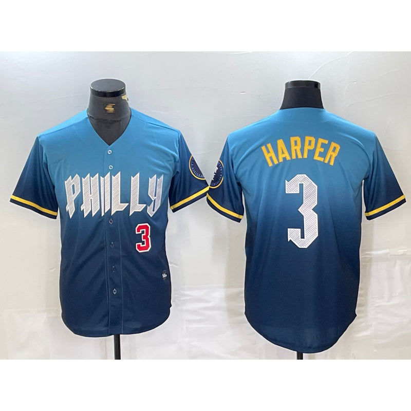 Philadelphia Phillies #3 Bryce Harper Number Blue JEROMEN 2024 City Connect Limited Stitched Jersey 2