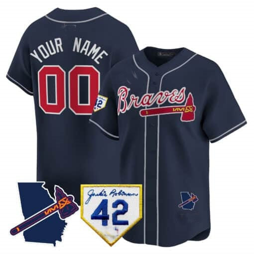 Custom Atlanta Braves 2024 Robinson & Georgia Patch Vapor Premier Limited Jersey ¨C Navy JEROMEN